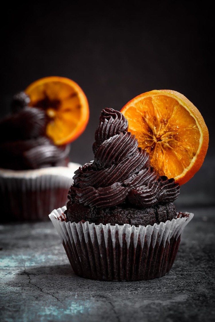 Dark Chocolate Cupcake with Orange Garnish